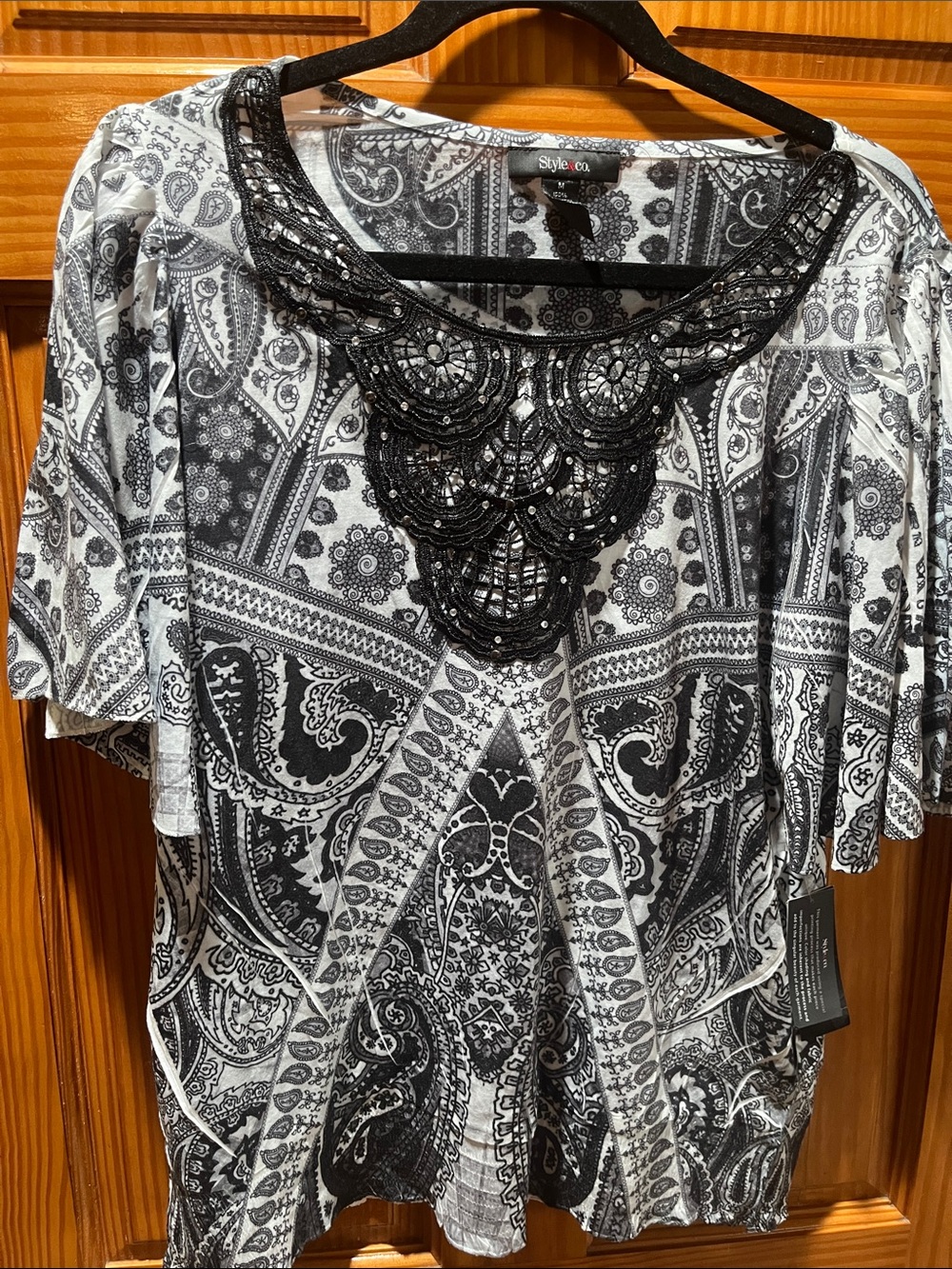 Style & Co. Black and White Paisley Scoop Neck Tunic with Beaded Detail